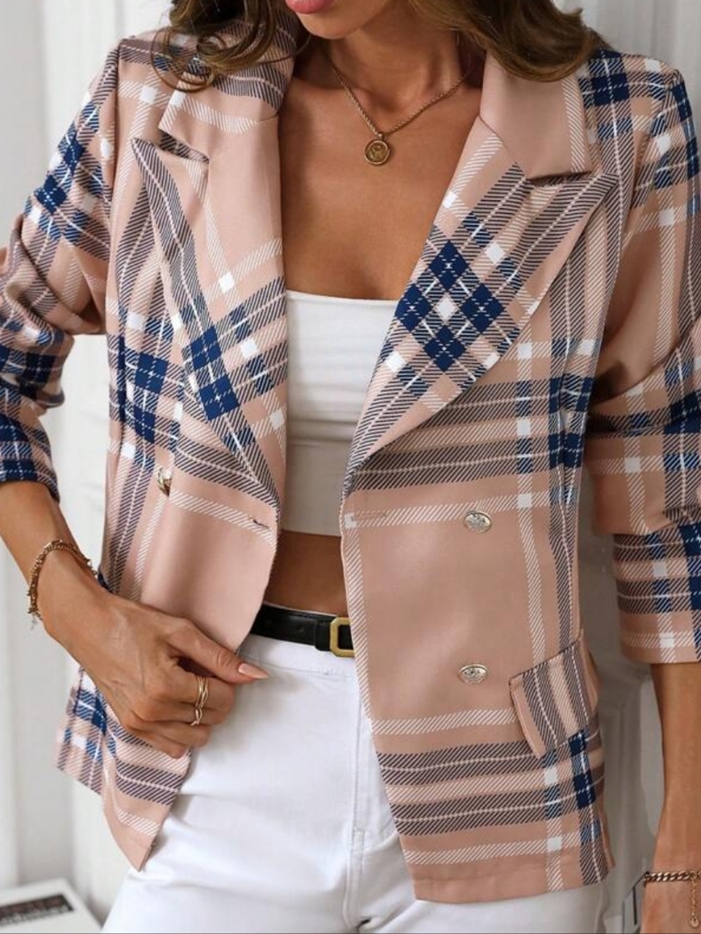 SHEIN Women’s Plaid Double-Breasted Blazer Jacket - Pink/Navy